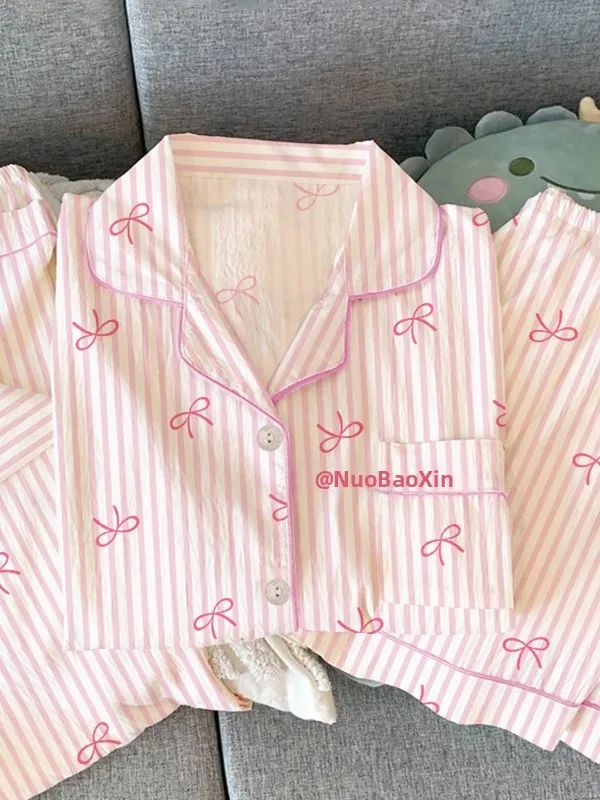 

Sweet Summer Stripe Spwear ort Sve Casual Home Clothes Thin Tee Piece Set for Young Women Comfortable Breathable Pa...