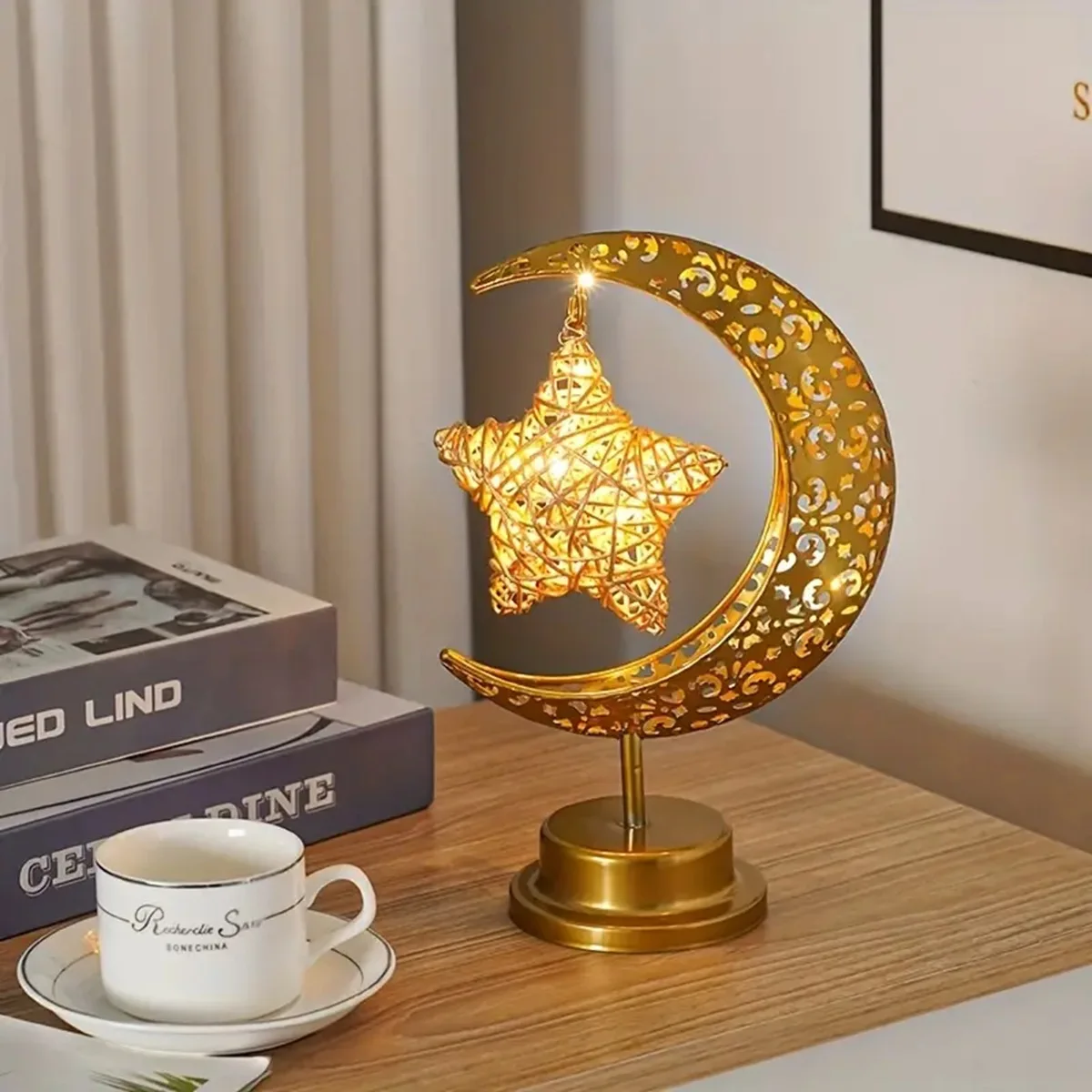 Pop 1pc Decorative Table Lamp LED Crescent Lamp Rattan Star Battery Powered Night Light For Home Eid Ramadan Party Festival Deco