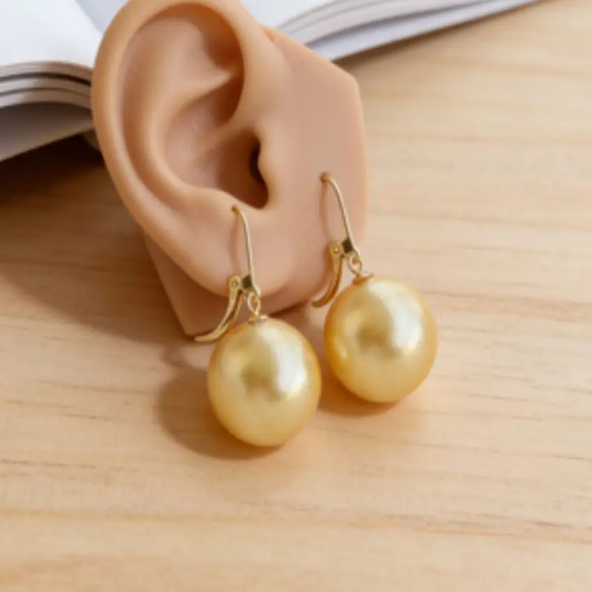 16mm natural south sea shell pearl earrings 14K gold  Flawless Aurora Dangler