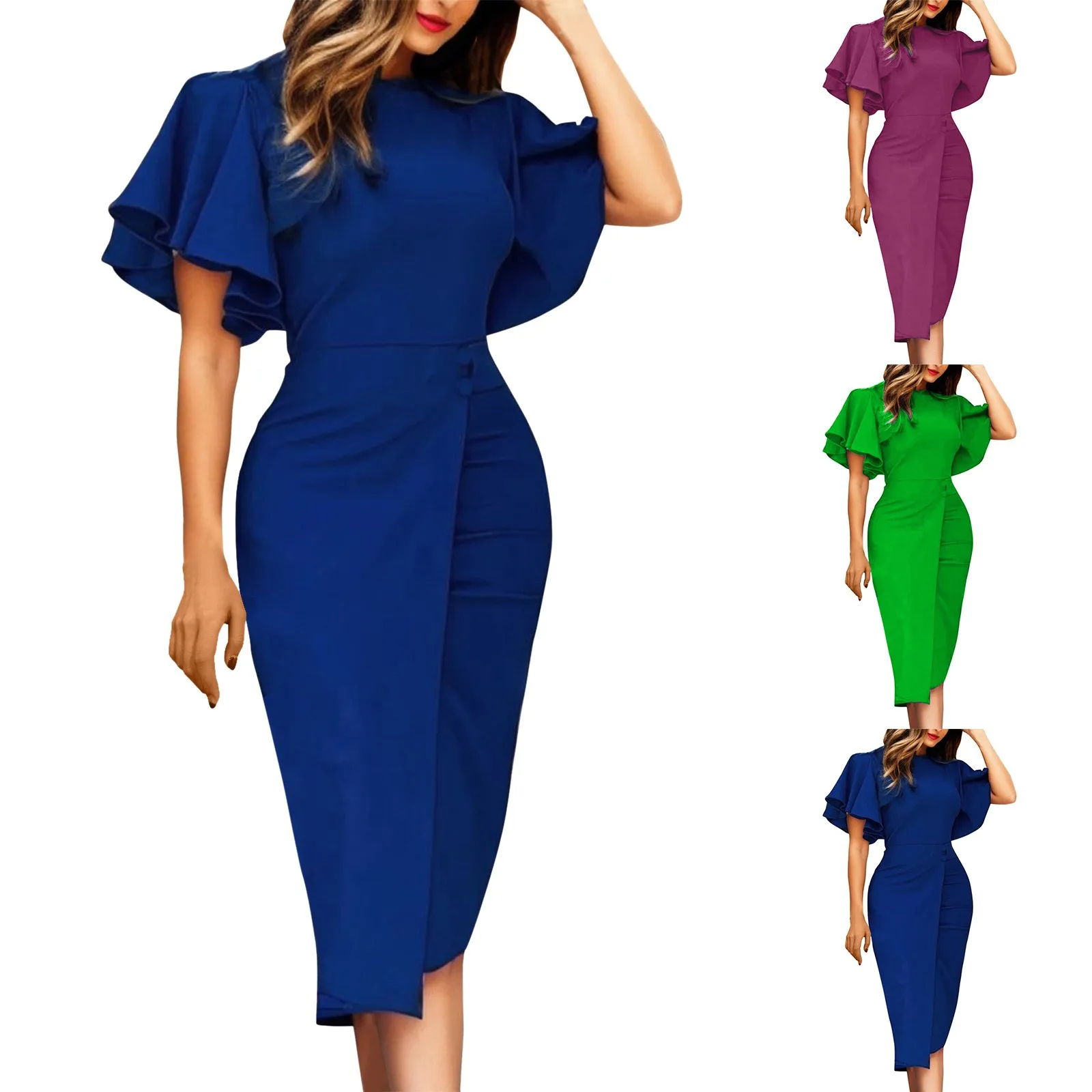 Dress Women Bodycon Mid Length Dresses Sexy Round Neck Short Sleeve Ruffles Slim Party Pencil Vestidos Elegant Splice Summer