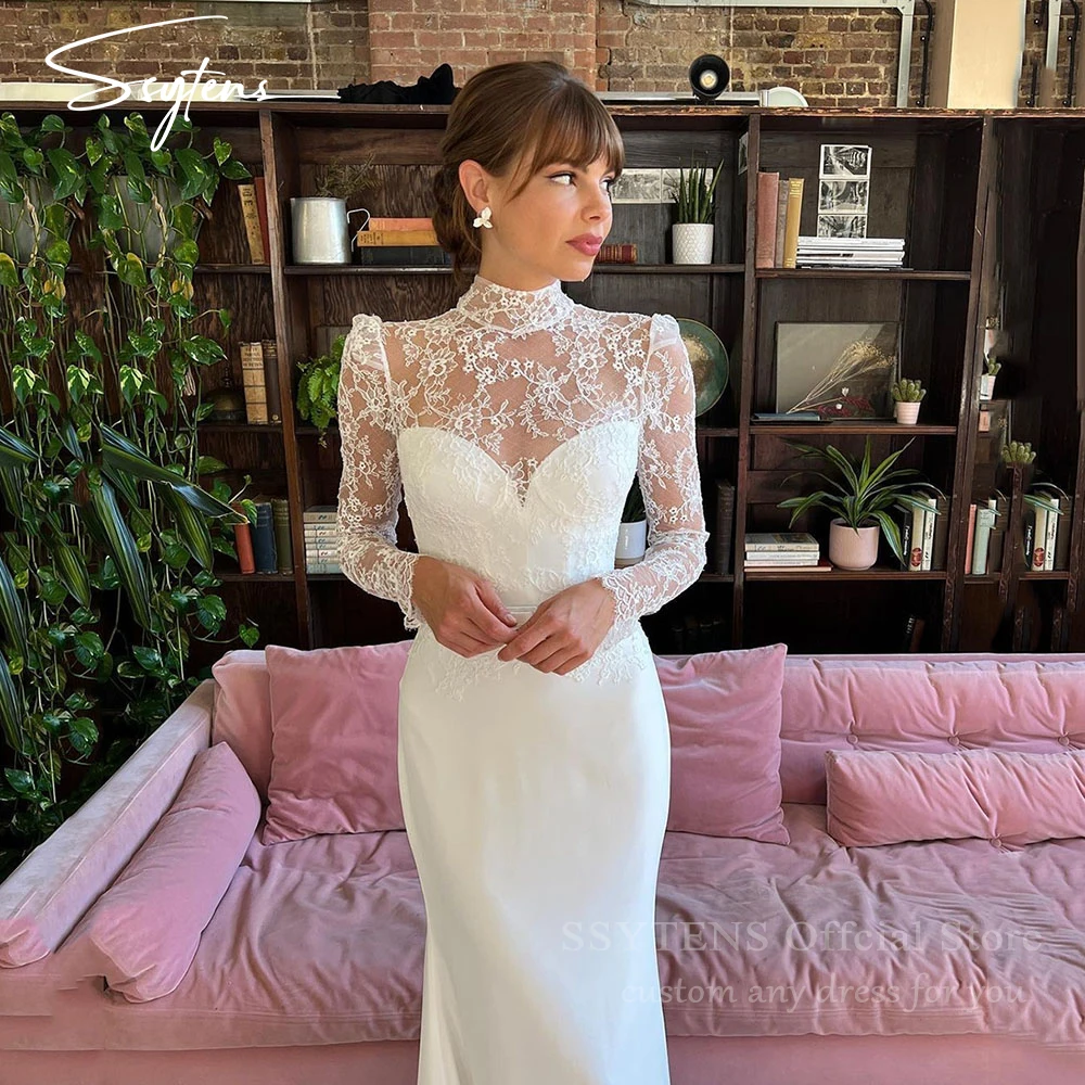 

SSYTENS High Neck Modern Mermaid Wedding Dresses Lace Long Sleeves Satin Illusion Saudi Bridal Gown Button Vestidos De Noiva