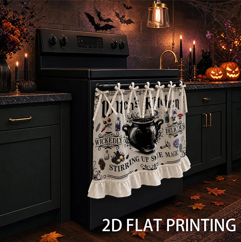 1PC kitchen stove curtain, cabinet curtain, apron. Featuring a 2D graphic design featuring a Halloween Witch's Kitchen themed de