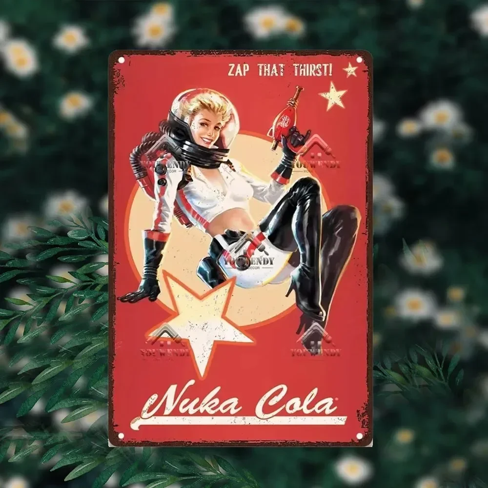 علامة معدنية لملصق مشروبات Nuka Cola - ديكور حائط لألعاب الحانة ذو طابع ألعاب عتيق، فن معدني نهائي