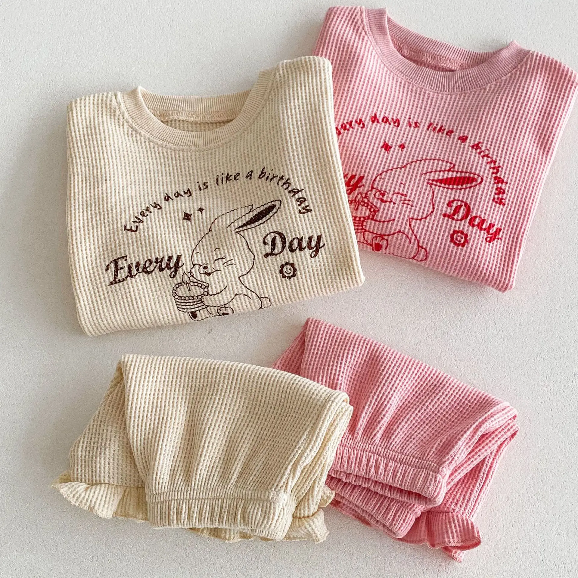 2024 Autumn New Children Long Sleeve Clothes Set Girls Cartoon Letter Print Versatile Shorts Suit Kids Casual Waffle Outfits