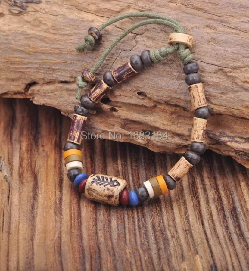 G164 B Handmade Craft Hemp Surfer Wristband Bracelet Bangle Ceramic Clay Beads Mens