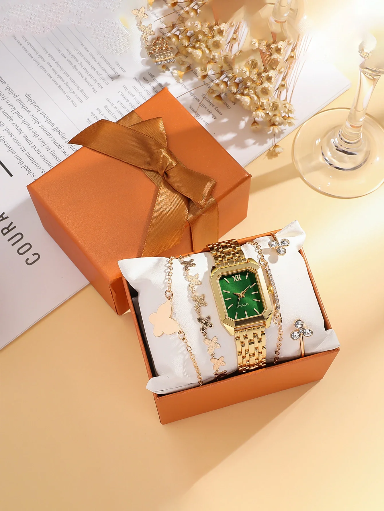 

Модные легкие роскошные женские кварцевые часы из сплава, набор браслетов из 5 шт., подходят для рождественских подарков на День благодарения