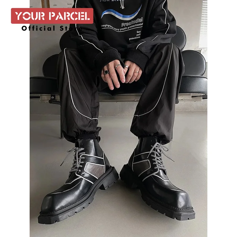 New style punk square toe motorcycle boots for men, niche Matin boots, high-end thick soled reflective leather boots