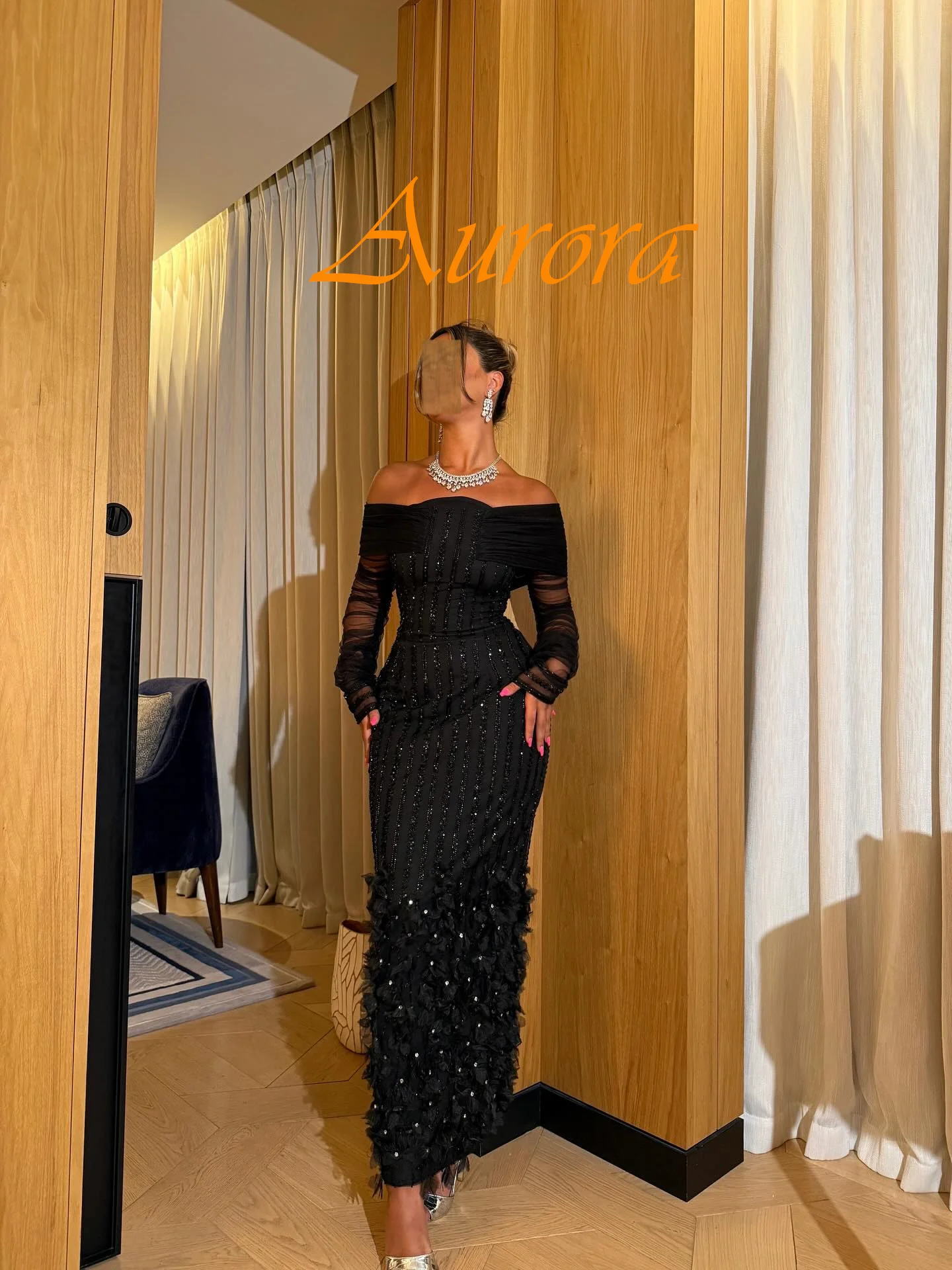 

Customized Black Tulle Sequined Exquisite Off the Shoulder Long Sleeves Evening Dress Prom Dress Special Occasion Gowns