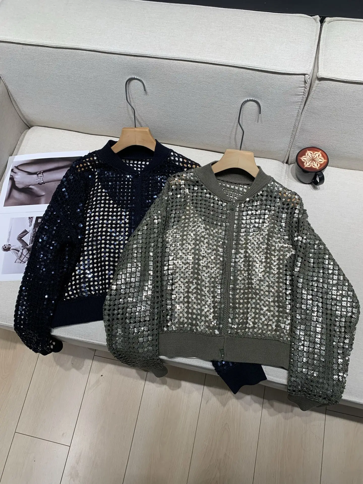 

Women Sequined Hollow Out Sweater Spring 2026 Stand Collar Long Sleeve Fashion Ladies Knitted Cardigan