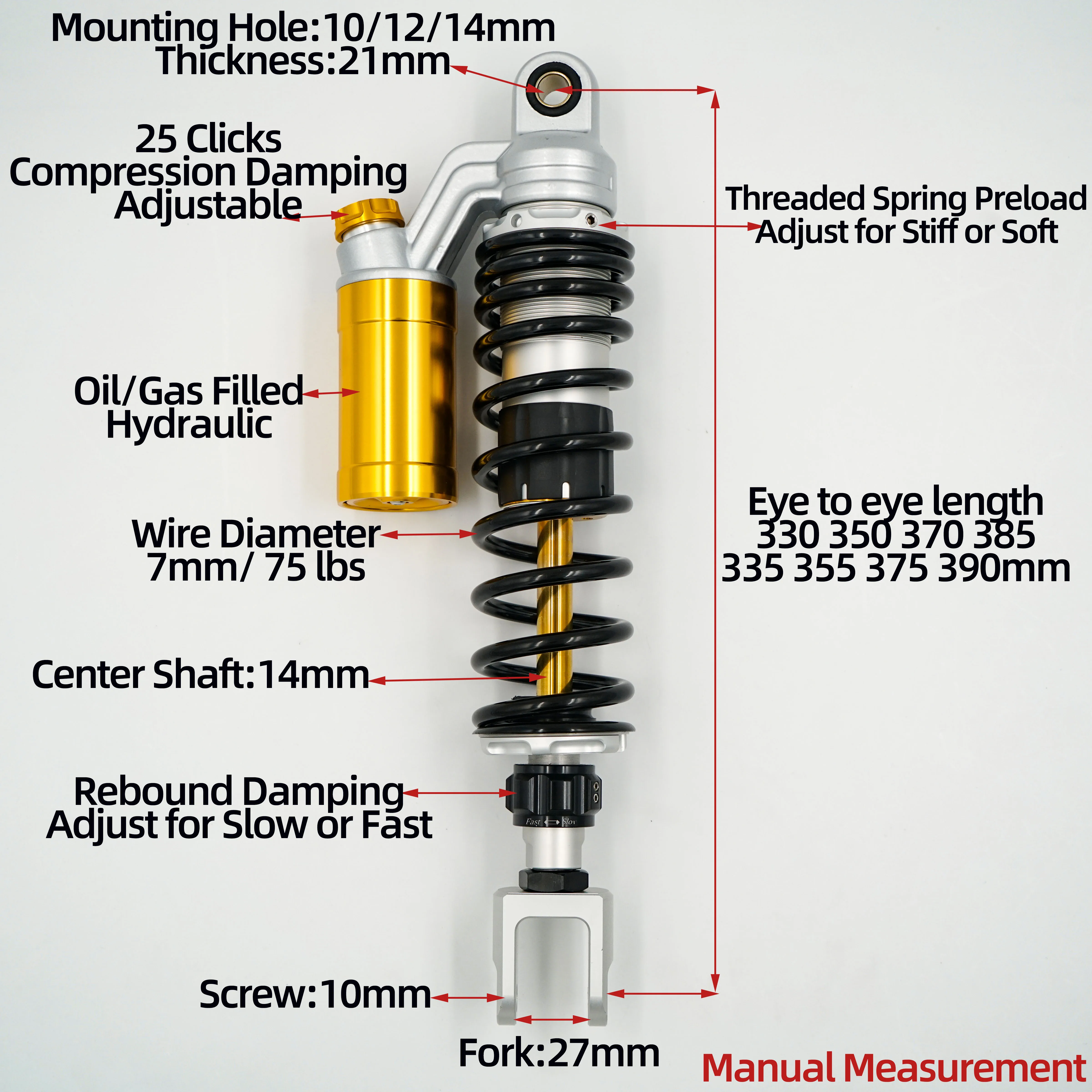 Fork 27mm 1 Pair 330 350mm 370mm 385mm 335mm 355mm 375mm 390mm Damping Adjustable Rear Shocks for Forza 350 /Foza300