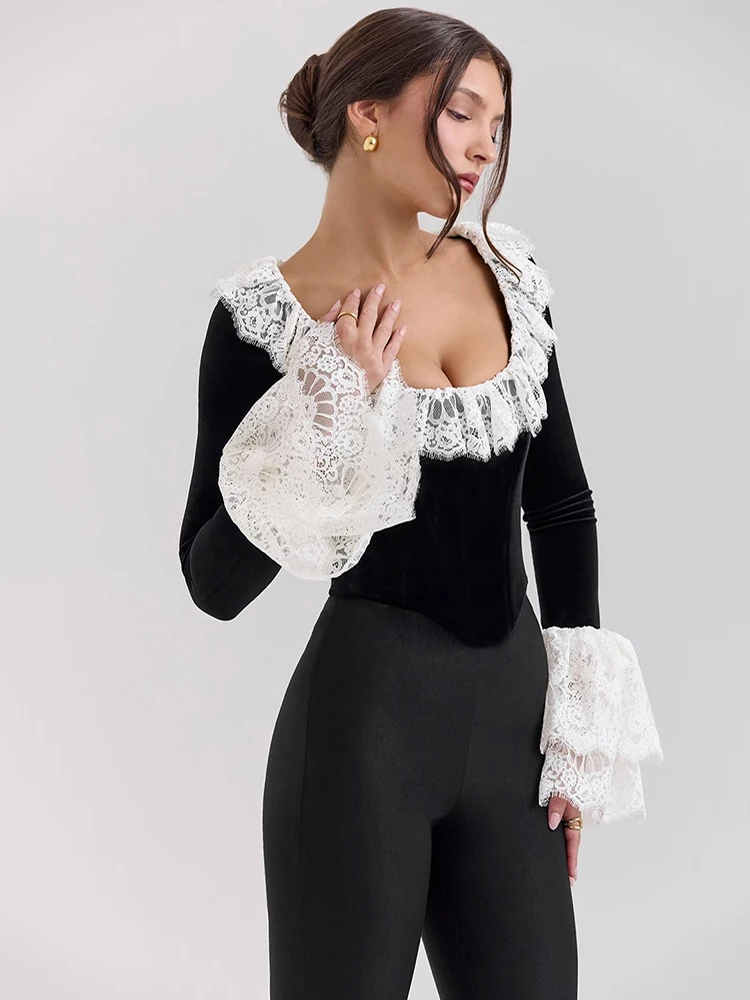 Mozision Lace Flare Long Sleeve Sexy Tops Women Fashion Square Collar Crop Tops Female Elegant Slim Fit Short T-shirt Tops