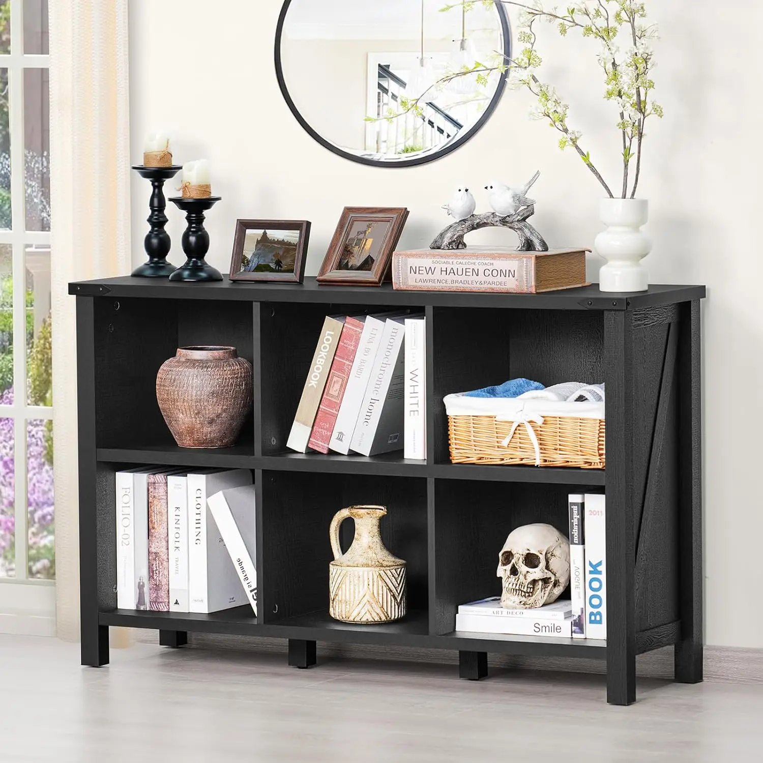 6 Cube Bookcase, Farmhouse Wood Low Storage Organizer Book Shelf, Black 47