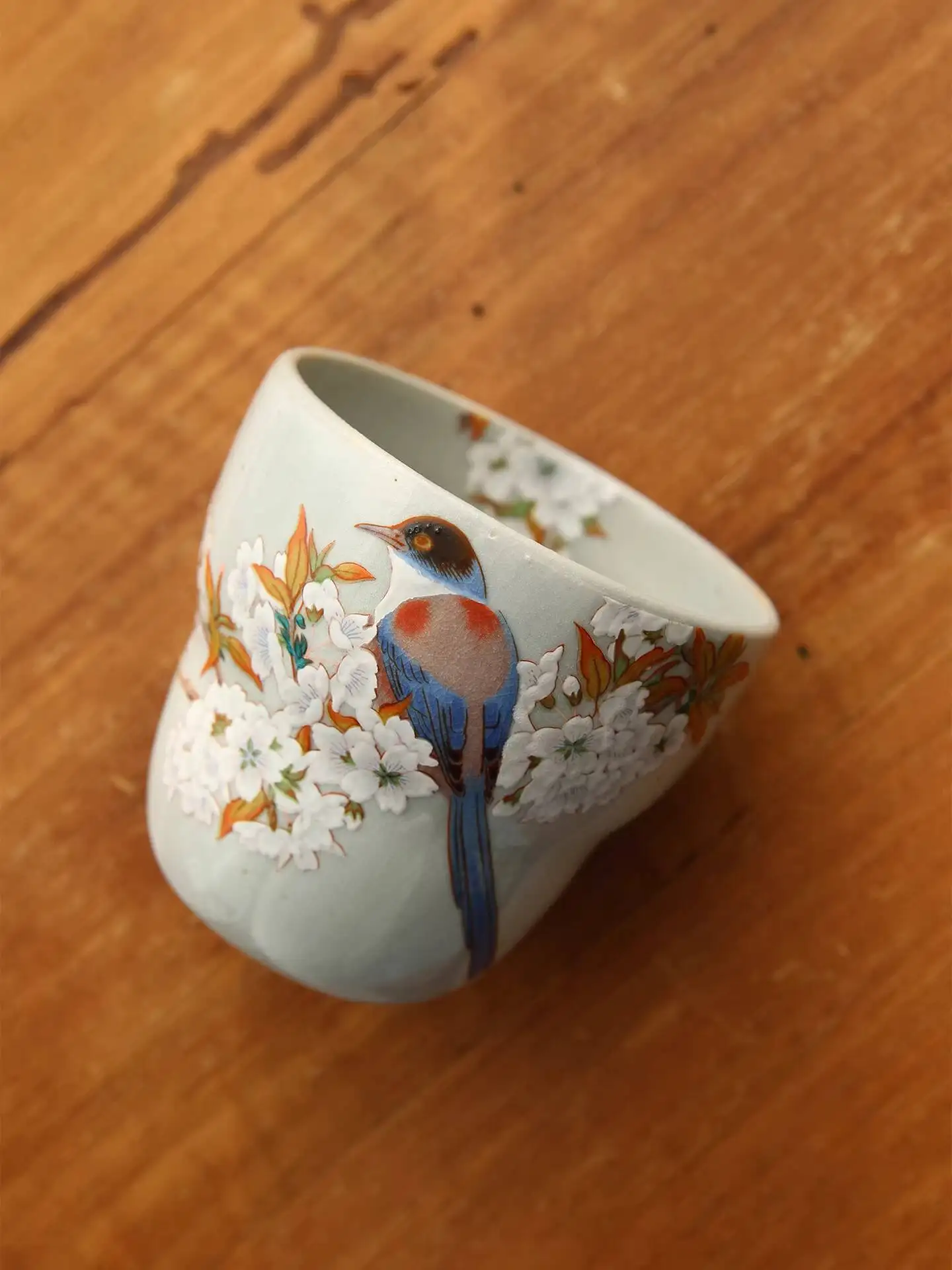 Authentic Japanese Imported Kutani Ware Cherry Blossom Bird Hand-Held Large Tea Shochu Ceramic Single Cup