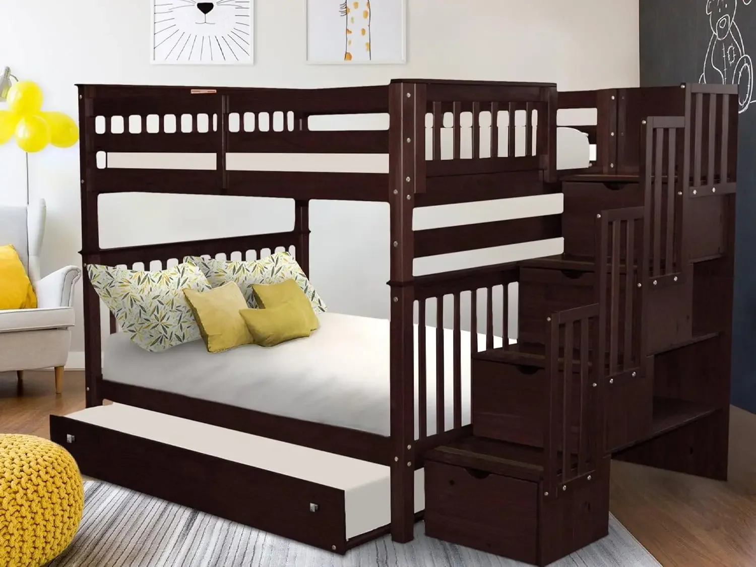 King Stairway Bunk Beds l with 4 Drawers in The Steps and a Twin Trundle, Dark Cherry  bed  bedroom furniture