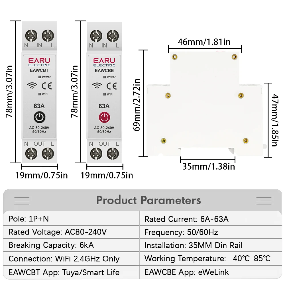 Tuya eWeLink WiFi Smart Circuit Breaker MCB 1P+N 63A Time Relay Switch Energy Meter kWh Voltage Current Protector Remote Control