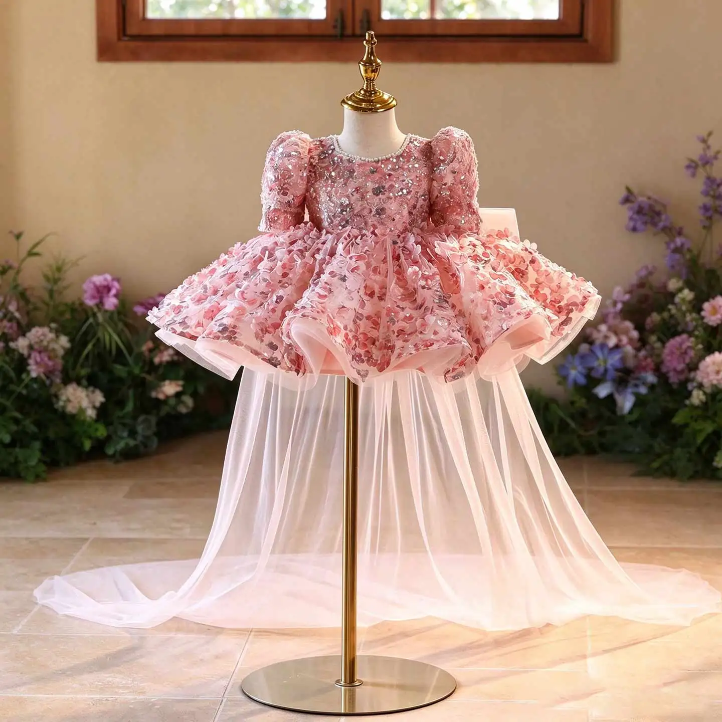 Dreamy Vow D602 Pink Puff Sleeve 3D Floral Sequin Flower Girl Dress, Removable Tulle Train Puffy Princess Gown for Birthday