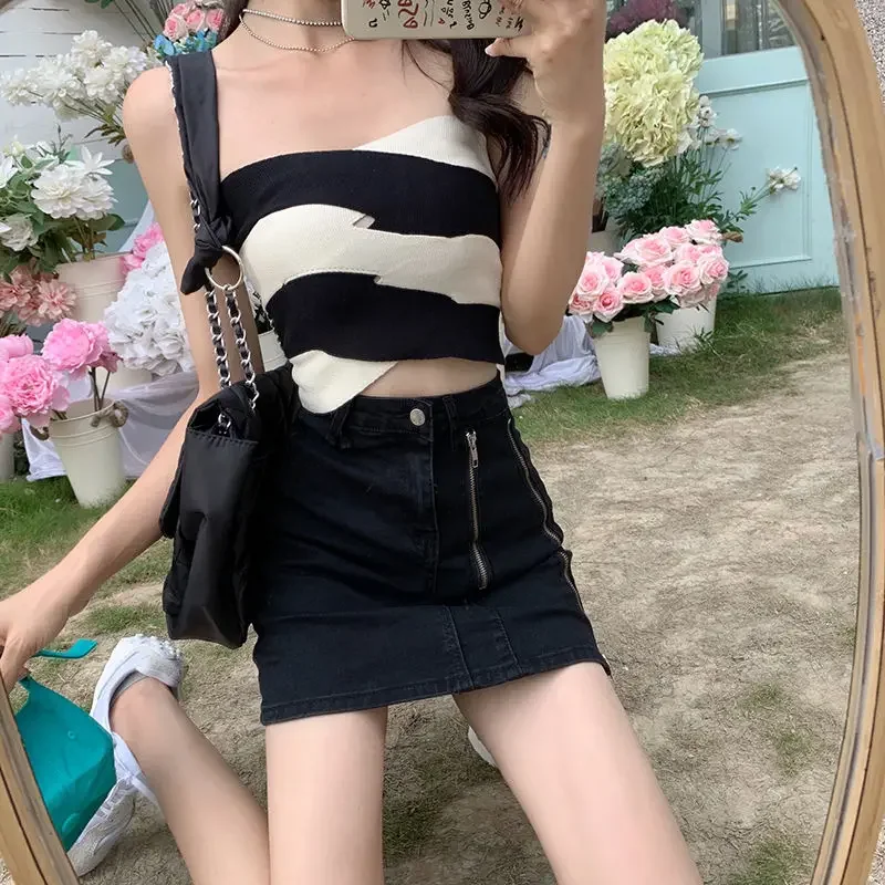 

Skirts Women Summer Sexy Mini Design Zipper Empire Denim Lined Mature Aesthetic Casual Harajuku Retro Fashion All-match Clothing