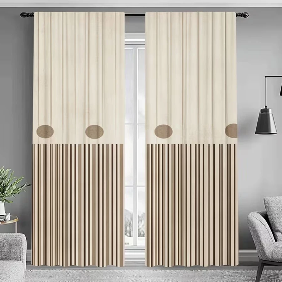 2PCS, Off-White & Light Brown, Geometric Vertical Stripes and Polka Dot Print, Minimalist Wabi-Sabi Style, Flat Printed Curtains