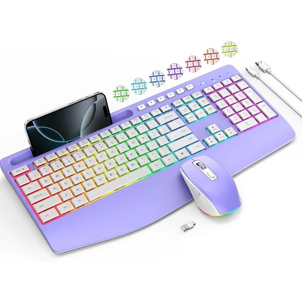 Wireless 2.4G Rechargeable Keyboard with Phone Holder and RGB Backlit for Silent Typing on Windows, Laptops, and PCs