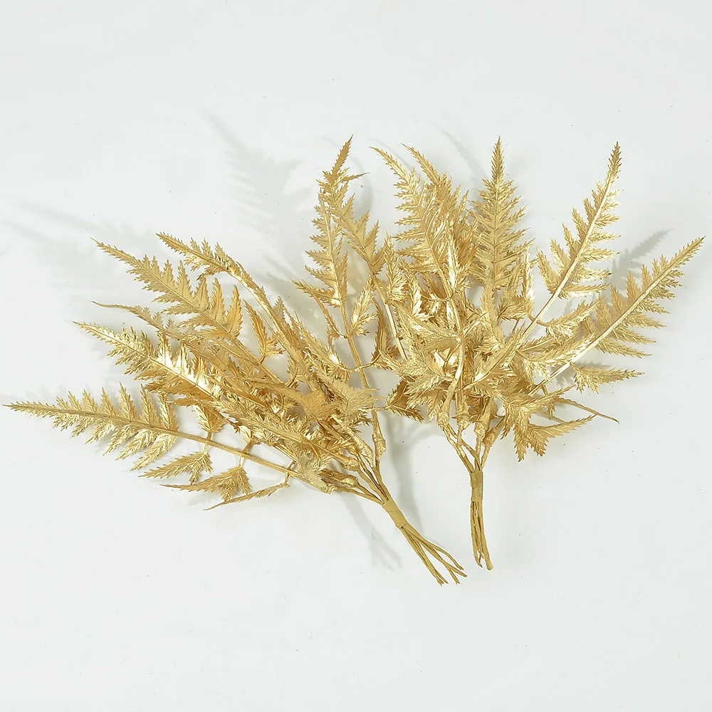 12/24Pcs Gold Silver Artificial Plastic Fern Leaves for Christmas Wedding Home Decor DIY Scrapbooking Accessories Fake Plants