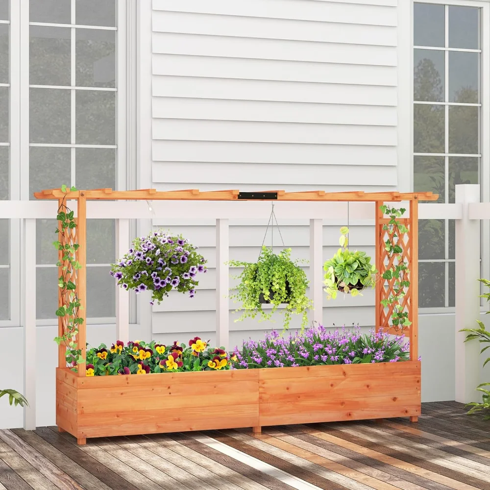 

Wood Elevated Garden Bed with Hanging Roof, Planter Box, Drainage Holes for Climbing Plants, Flowers, Raised Flowerpot