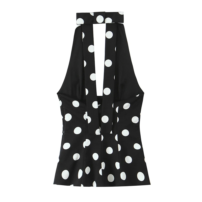 KEYANKETIAN 2025 Zomer Nieuwe Franse Stijl Zwart Wit Stippen Print Boog Halter Vest vrouwen V-hals Backless Hemdje Slanke Top