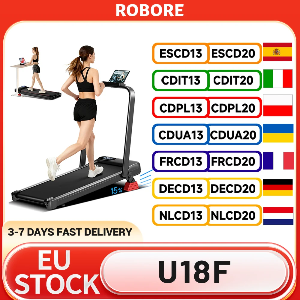 Tapis roulant ROBORE U18F avec inclinaison de 15 %, vitesse maximale de 10,5 km/h, moteur de 2,5 CV, 3 niveaux d'inclinaison, capacité de 136 kg, écran LED, faible niveau sonore