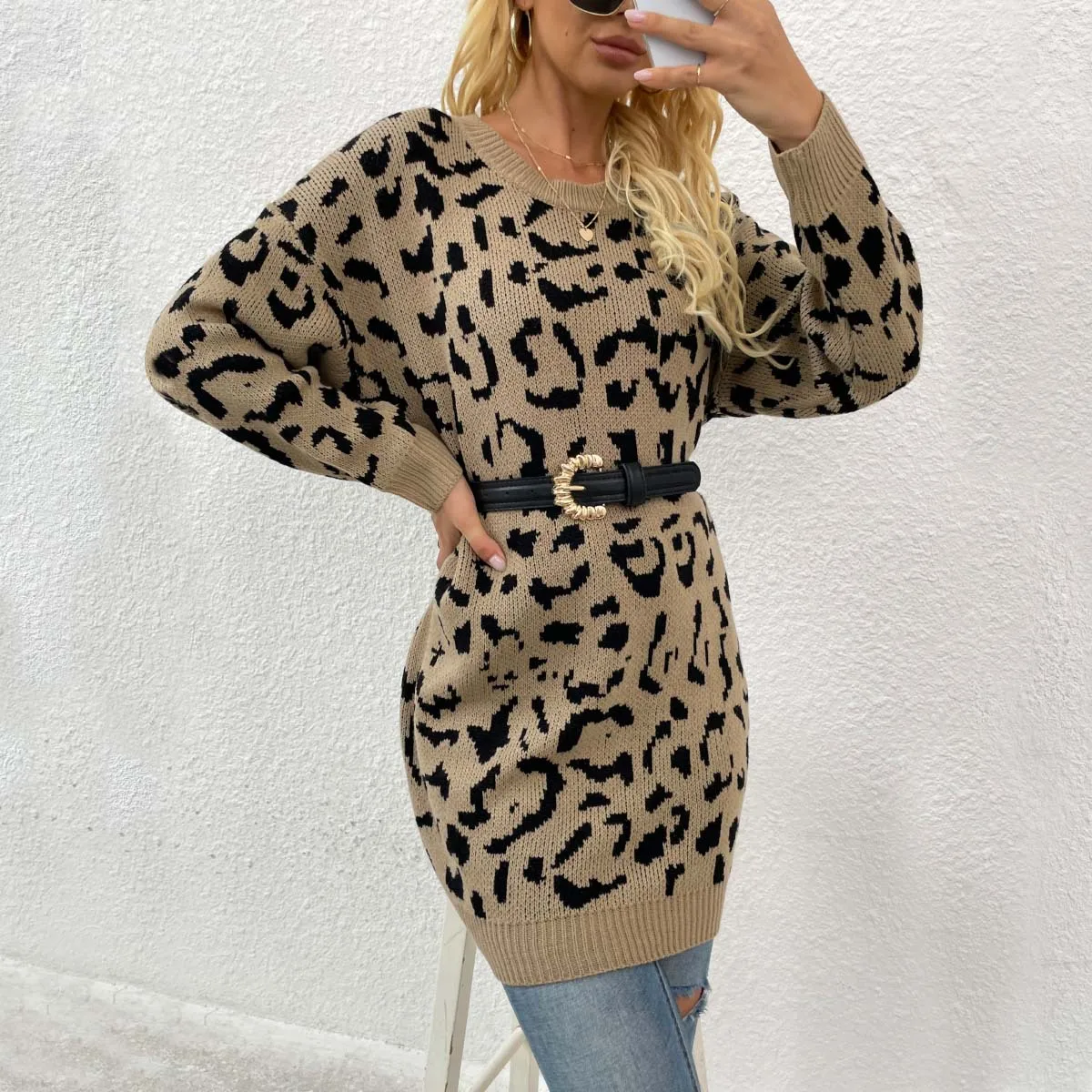 Women Autumn Winter Sweater Dress, Knit Dress Crewneck Leopard Print Pullover Dress, Spring Summer Knitwear Tunic Tops