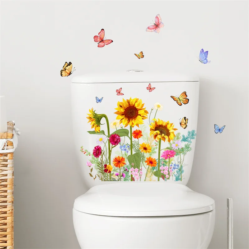 M19 Pflanzen Blumen Sonnenblumen Schmetterlinge Wanda uf kleber Toiletten aufkleber Badezimmer Toiletten abdeckung Kühlschrank Aufkleber WC Dekoration – Detail 2