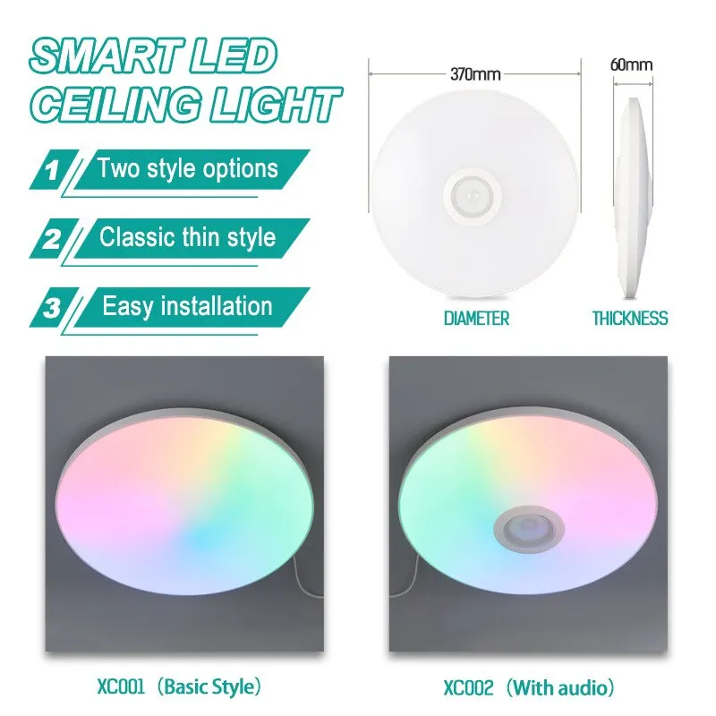 New RGB Colorful LED Round Ceiling Light Smart APP Dimmable Tri-proof Light With Speaker for Bedroom Kitchen Living Room Party