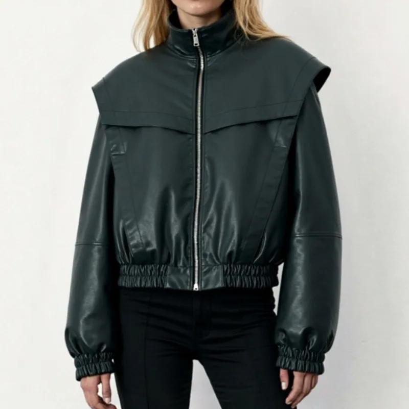 

American Retro Bomber Jacket Female 2025 New Long-sleeved Leather Jacket
