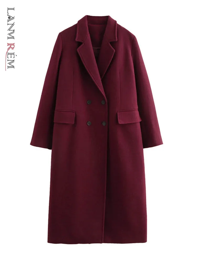 LANMREM Red Autumn Winter New Women's Long Blazer Notched Collar Double Breasted Coat Office Lady 2024 Female Clothing 32C1761