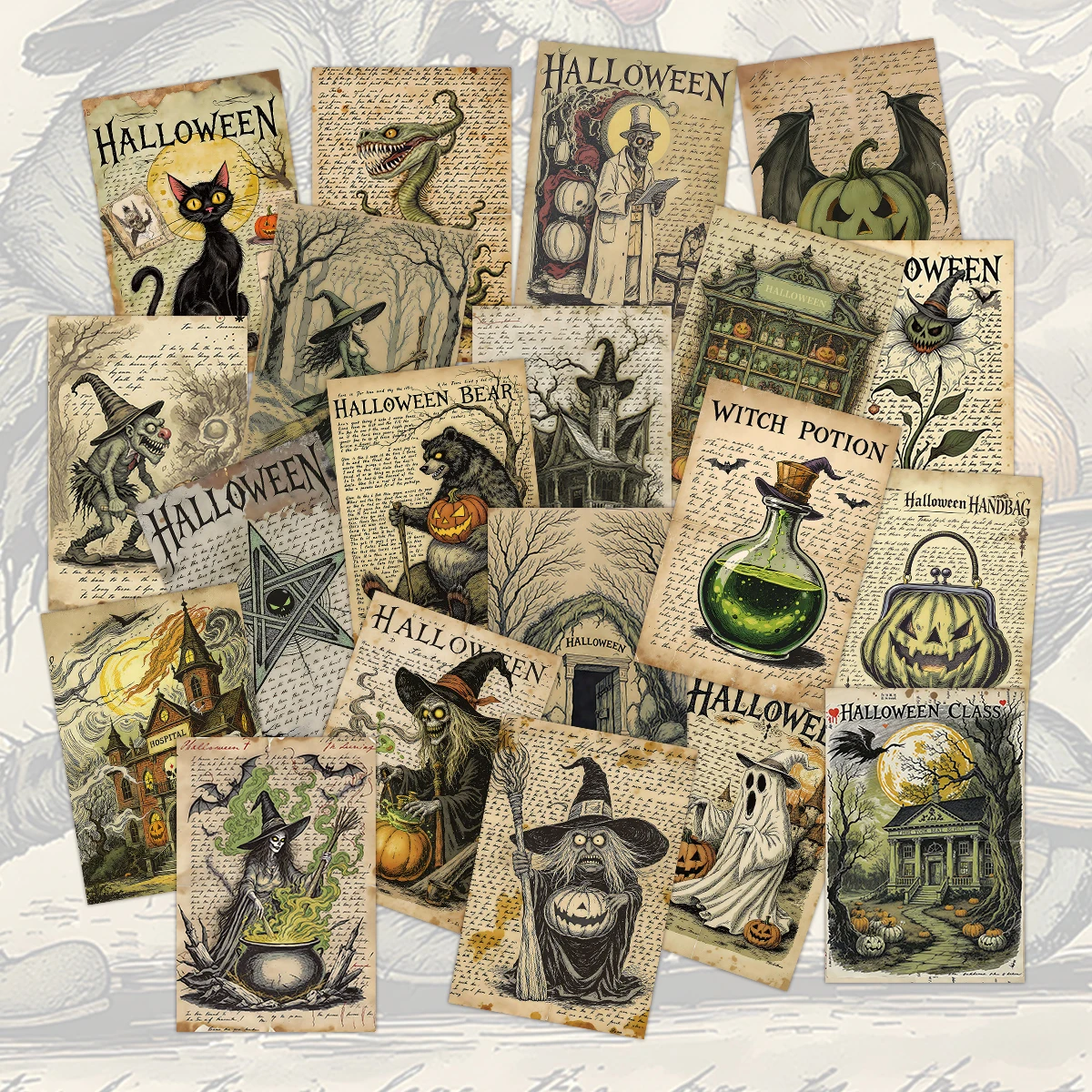 20 Stück Vintage Hexen-Halloween-Postkarten, Gruselige Halloween-Ikoneografie, Junk-Journal-Collage, Halloween-Party-Hintergrund-Dekorationskarten – Detail 1