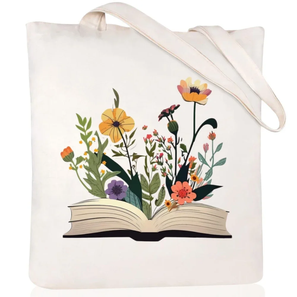 Libro y flores frases positivas bolso de mano de lona estampado bolso de hombro de gran capacidad trabajo vacaciones compras