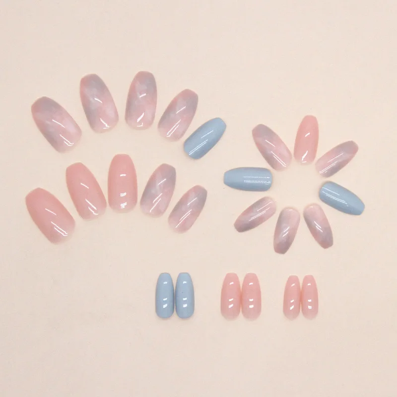 24pcs Short Ballet Pink Blue Marbled Summer Press on Nails Artificial False Nails Square Acrylic Medium Fake Nails Set Manicure