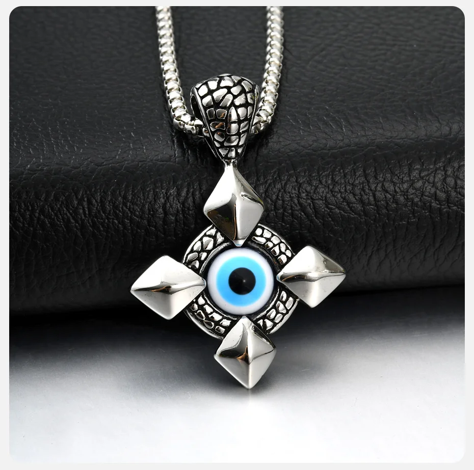 Vnox Halskette mit bösem Blick und Kreuzanhänger, Edelstahl, türkisches Nazar-Amulett, Kastenkette, Schmuck, Geschenk für Männer und Frauen, Geburtstagsfeier – Detail 5