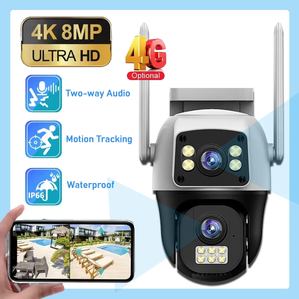 8MP 4G Sim Karte Dual Objektiv Zwei Bildschirme CCTV Outdoor Wasserdichte Überwachungs Kamera