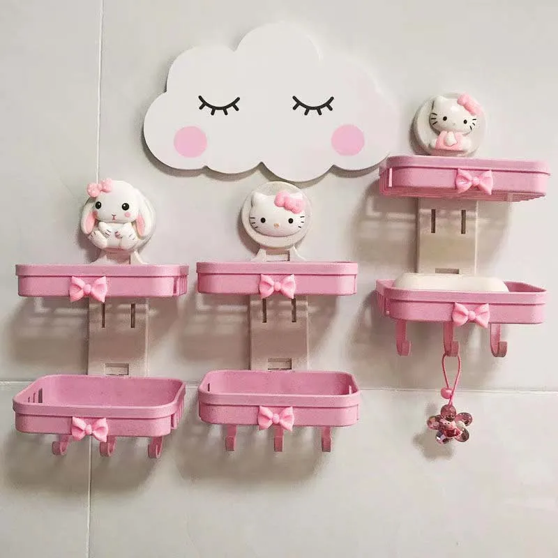 Sanrio Soap Box Hello Kitty Kawaii Anime Soap Dish Toilet Double Layer Soap Rack Student Dormitory No-Punch Soap Box Hook Gift