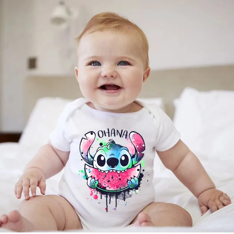 Kawaii Ohana Stitch Print Baby Clothes 100% Cotton Short Sleeve Romper Boy Girl Bodysuit Summer Newborn Jumpsuit 0-24M