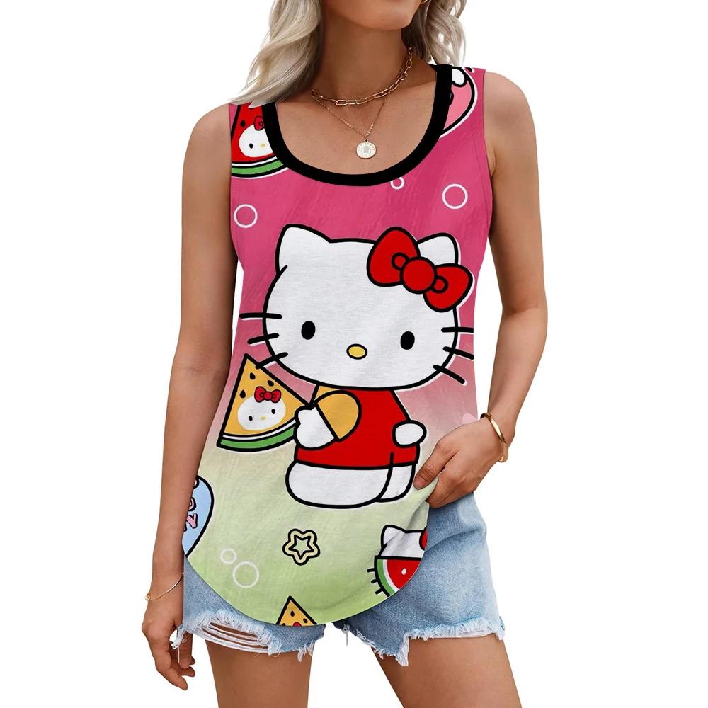 

Новейшая летняя женская красочная нижняя рубашка большого размера без рукавов U-образный жилет свободный плюс размер Hello Kitty повседневная женская майка