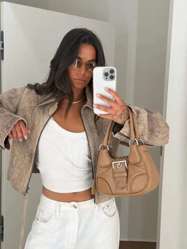 

Women Chic Dyeing Suede Short Jacket Fashion Collar Long Sleeved Zipper Loose Outerwear Lady Autumn Daily Commuting Street Coat