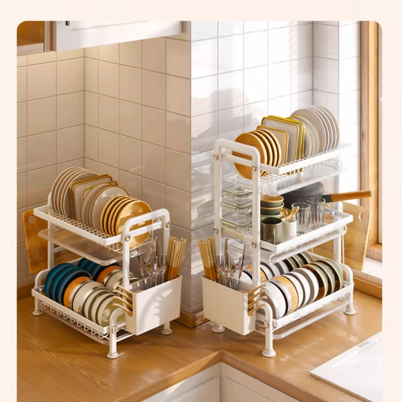 Kitchen Multi-layer Sink Dish Drainer Home Bowl and Plate Storage Rack with Double Load-bearing Shelf for Tableware