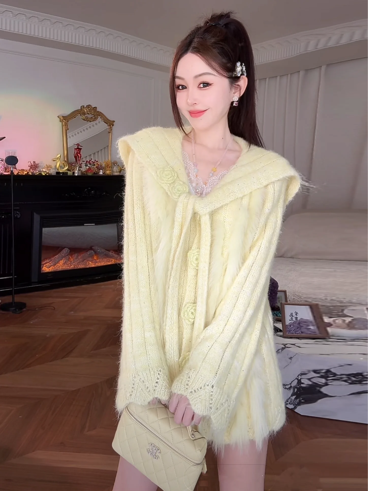 

Свитер женский вязаный с воротником из искусственного меха, цвета сливового, ручной работы, с цветочным узором, из смесовой шерсти и хлопка, повседневный, свободного кроя, с длинными рукавами