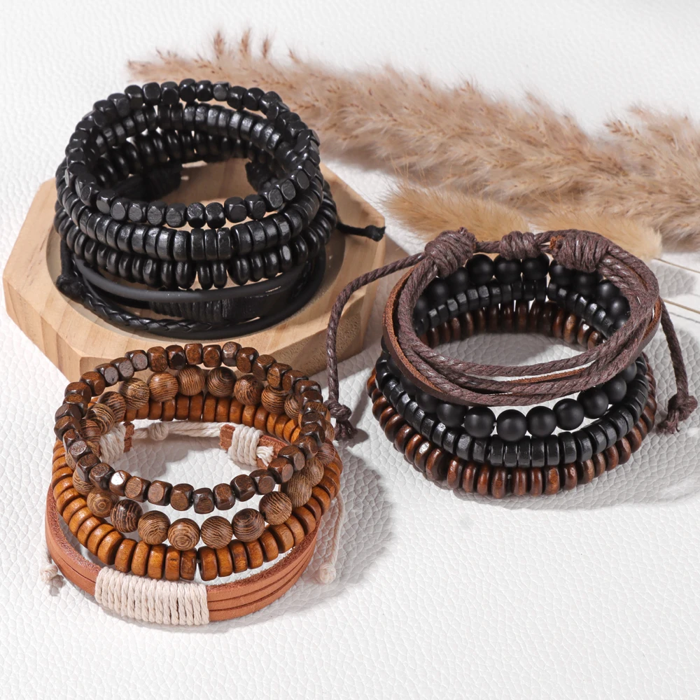 Vintage Tribal Retro Wooden Beaded Bracelet Set For Men Leather Rope Braided Wrap Bracelet Handmade Jewelry Male Bangle Ethnic