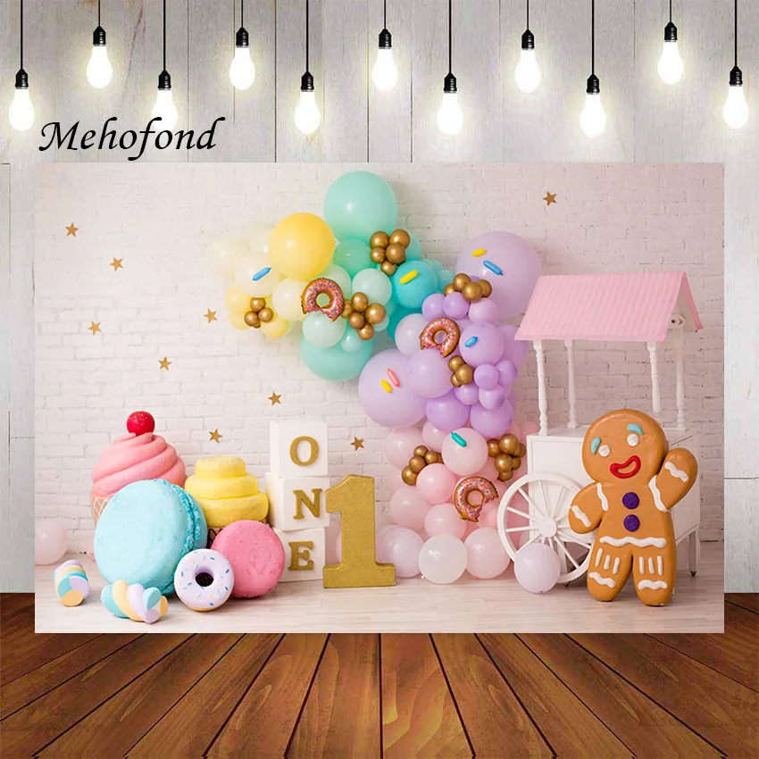 

Фон для фотосъемки Mehofon, ледяной сливочный пончик, воздушный шар, белая кирпичная стена для девочек, торт на 1-й день рождения, разбивная Фотостудия