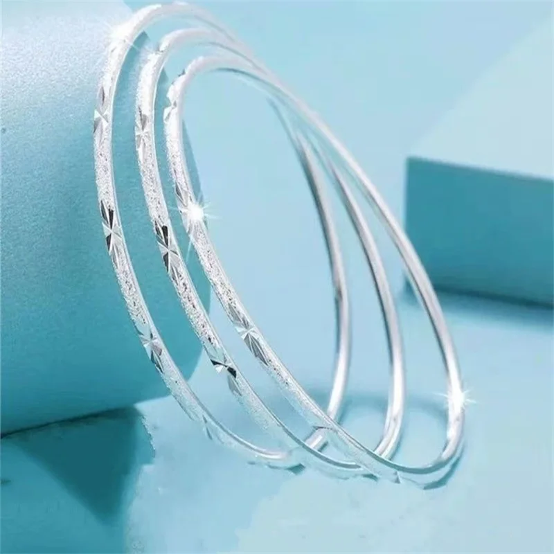 Minimalist 3 In 1 S999 Sterling Silver Closed Bangle Set Sparkling Star Cut Surface Thin Stacking Bracelet for Women