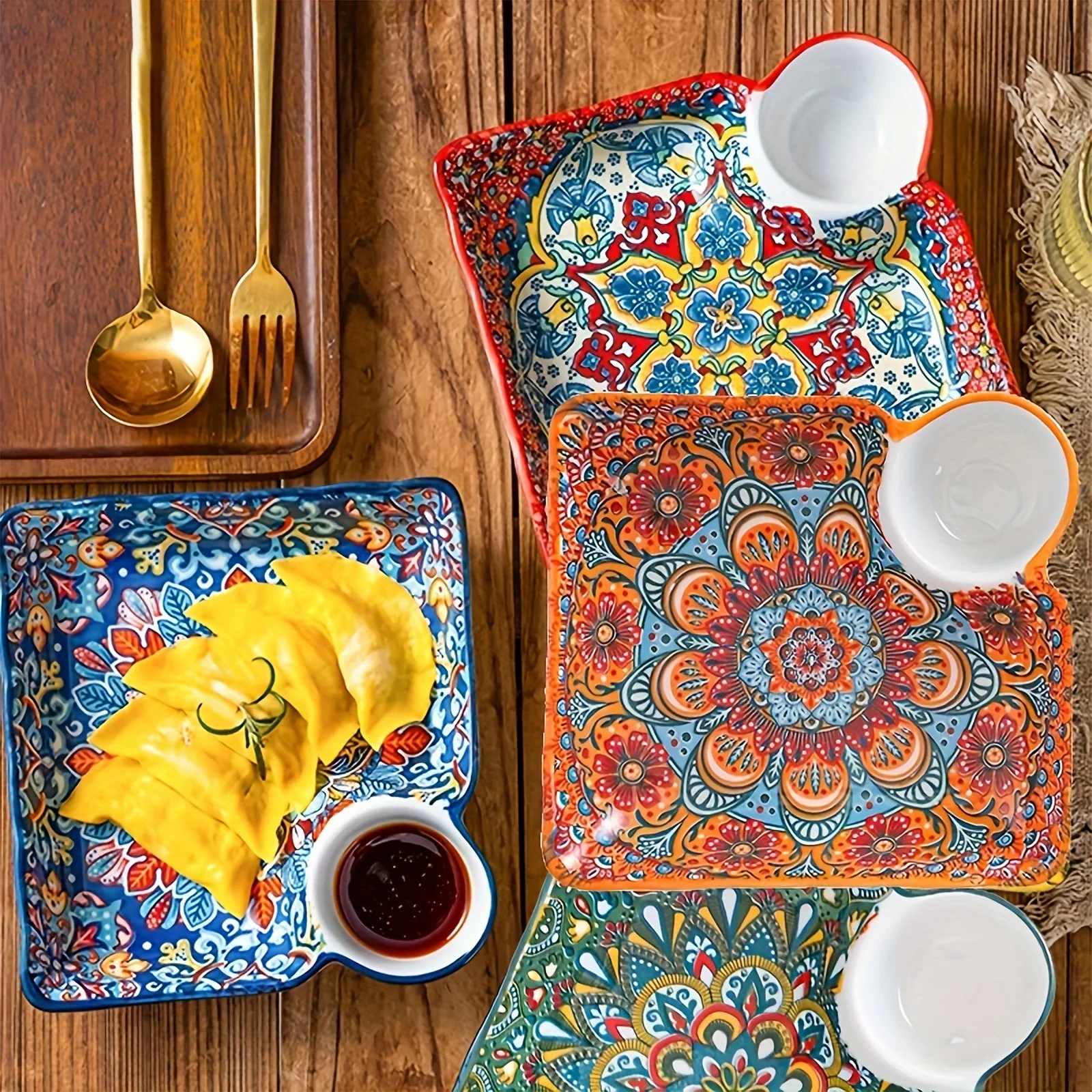

Bohemian Mandala Divided Ceramic Plate - Sushi & Snack Serving Dish with Sauce Holder