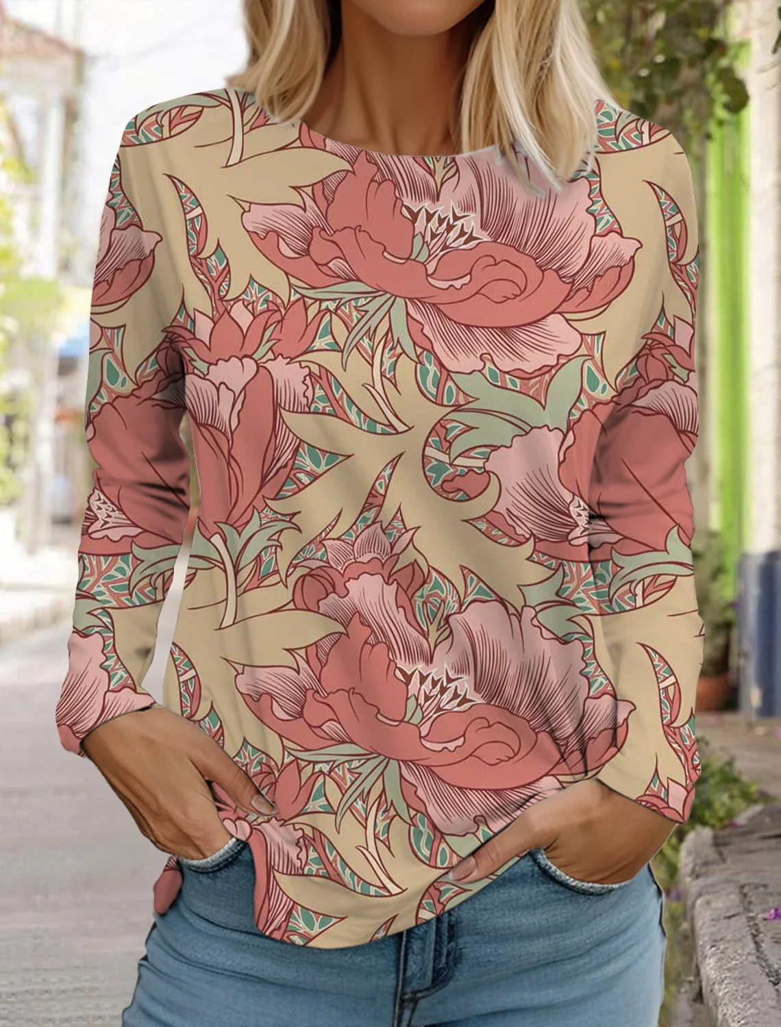 Vintage Floral Women's T Shirts Long Sleeve Round neck Casual Tops 3D Printed Flowers Loose T Shirts Spring New Women's Clothing
