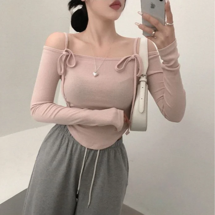 Korejpaa Korean Fashion Clothing T Shirts Women 2024 Autumn Slash Neck Off Shoulder Lace Up Short T Shirt Elegant Solid Slim Top