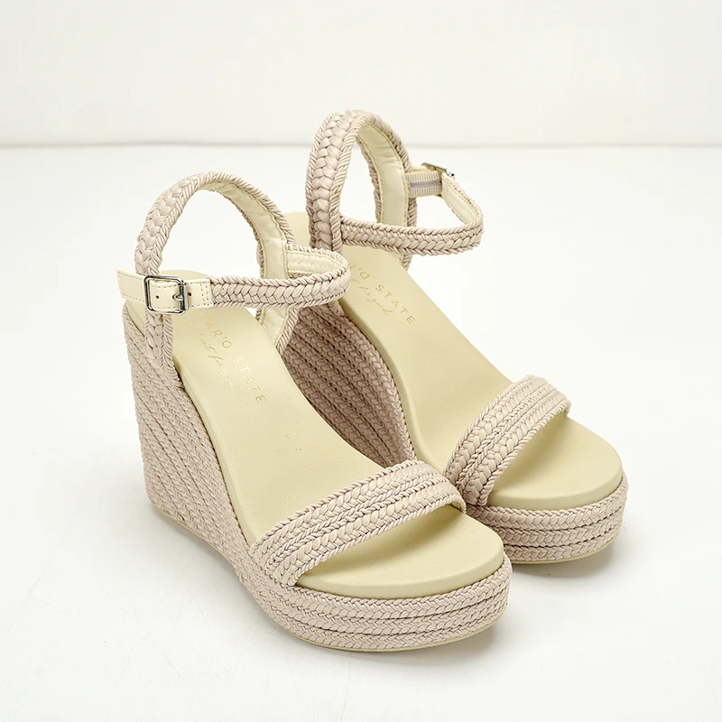 Beige Heeled Sandals Female Shoe Round Toe Espadrilles Platform Clogs Wedge Breathable Buckle Strap Large Size All-Match Black G